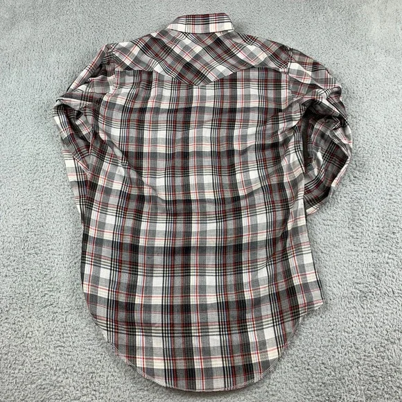 Vintage Wrangler Shirt Mens 15/33 Grey Plaid Western Pearl Snap 70's Made In USA - Picture 2 of 11